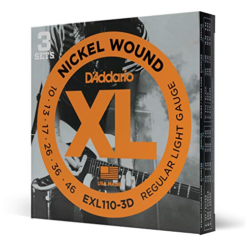 D'Addario XL EXL110-3D - Cuerdas de níquel para guitarra eléctrica de 6 cuerdas, entonación perfecta, sensación consistente, durabilidad fiable, calibre 10-46 Regular Light, paquete de 3 unidades