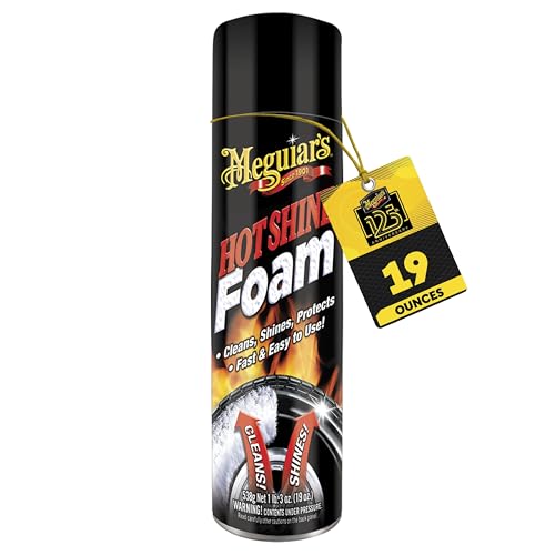 Meguiar's Hot Shine Tire Foam - High Goss Tire Shine That Cleans, Shines, and Protects in One, Deep, Black Shine with Conditioners and UV Protection to Help Keep Tires Looking Like New, 19 Oz Aerosol
