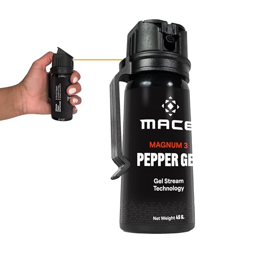 Mace Pepper Gel - Magnum 3, 45g, 20 Feet Range, No Wind Blowback, Max Strength 10% OC Formula, Long Lasting UV Dye, Flip Top Safety Cap, Self Defense Pepper Spray Gel for Women & Men - Black