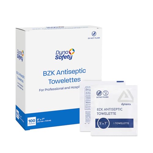 Dynarex BZK Antiseptic Towelettes, Moist Sanitizing Towelettes Designed to Prevent Infection in Minor Wounds, 5x7, Disposable & Individually Wrapped, 1 Box of 100 (Packaging May Vary)