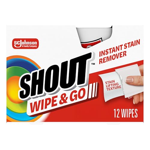 Shout Wipes Stain Remover for Clothes Laundry, Instant Stain Remover and Individually Wrapped, Travel Essentials, Works on Everyday Stains, 12 Wipes per Carton (1 Carton)