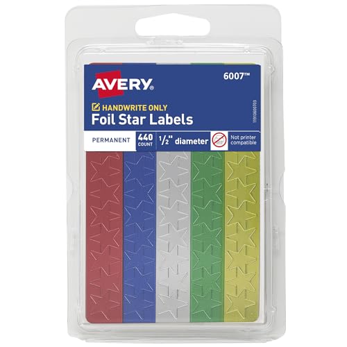 Avery Foil Star Labels, 1/2", Assorted Colors, Non-Printable, 440 Star Stickers Total (6007)