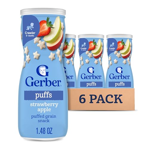 Gerber Stage 3 Baby Snacks, Strawberry Apple Puffs, Puffed Grain Snack, Baby Led Feeding, Iron & Choline, Strawberry Apple Puffs Snacks, 6-Pack
