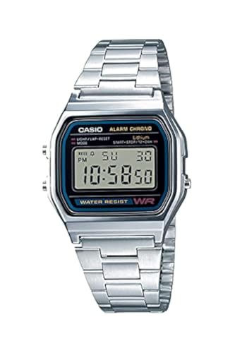 Casio A158WA Series | Unisex Digital Watch | Silver/Black | Vintage | WR | 100 SEC Stop Watch | Daily Alarm | Regular Time Keeping: Hour, Minute, Second, PM, Date, Day | Led Light | 7 Yr Battery