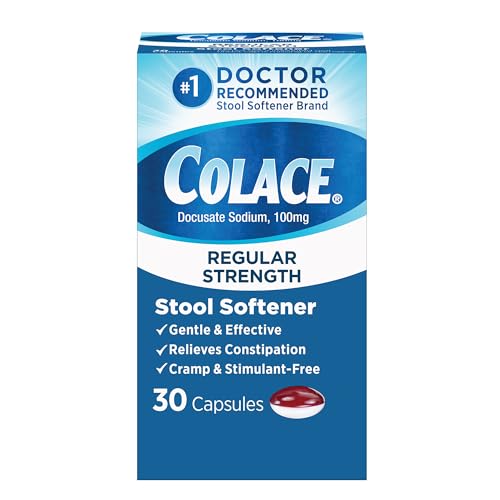 Colace Regular Strength Stool Softener for Gentle Effective Constipation Relief, No. 1 Doctor Recommended Stool Softener Brand, 100 mg Docusate Capsules, 30 Count
