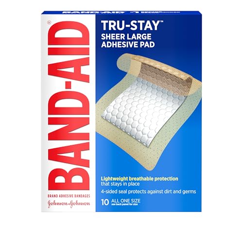 Band-Aid Brand Tru-Stay Adhesive Pads, Sterile Sheer Bandages for First Aid & Wound Care, Pad Covers & Protects Minor Cuts, Scrapes & Burns, Lightweight, Large Size, 10 Count