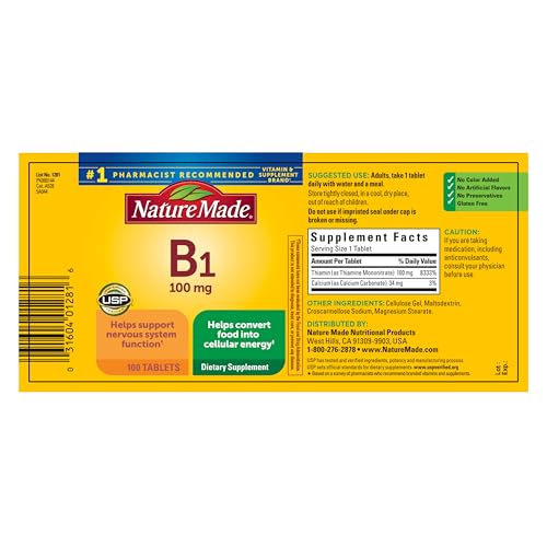 Nature Made Vitamin B1 100 mg, Dietary Supplement for Energy Metabolism Support, 100 Tablets, 100 Day Supply
