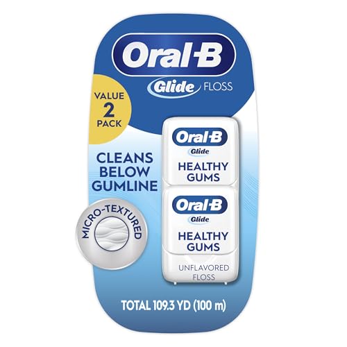 Oral-B Glide Healthy Gums Unflavored Dental Floss, Smooth, Strong, Shred Resistant, Value 2 Pack (50m Each)