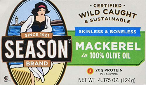 Season Mackerel in Olive Oil - Skinless & Boneless, Wild Caught, Keto Snacks, Canned Mackerel Fillets, Full of Vitamins, Low in Mercury, Kosher, Non-GMO, 20g of Protein - 4.37 Oz, 12-Pack