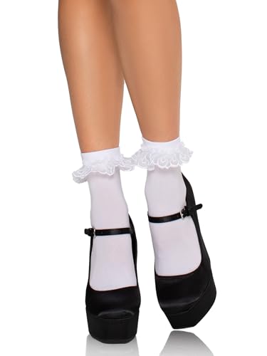 Leg Avenue Women's Lace Ruffle Nylon Anklet Socks, White, One Size