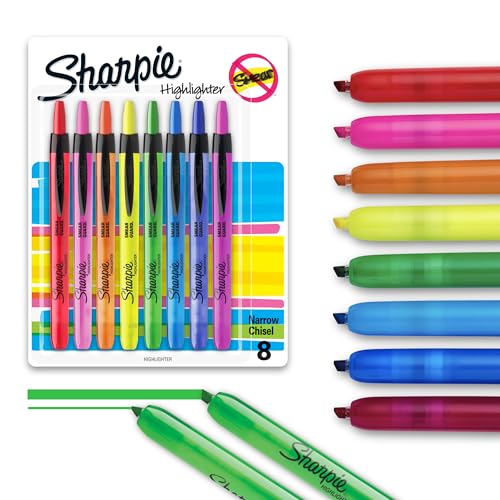 Sharpie Retractable Highlighters Chisel Tip Highlighter Marker Set Fluorescent Highlighters Classroom Journaling Study Supplies Assorted Colors 8 Count