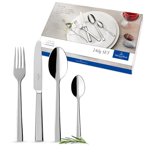 ⚡ BLITZDEAL (-50%) Villeroy & Boch – Victor Besteckset 24 tlg. Silber/Platin, Spülmaschinenfest, Rostfrei, Besteck Set 24 teilig, Gabel, Messer, Löffel, Essbesteck Set, Edelstahl
