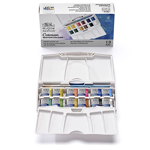 🔥 STARKER PREIS (-39%) Winsor & Newton 0390373 Cotman Pocket Plus Aquarellfarben Set, lebendige Wasserfarben mit hoher Lichtechtheit, große Farbauswahl, Alterungsbeständig - 12 Farben in 1/2 Näpfen, Mischpalette, Pinsel