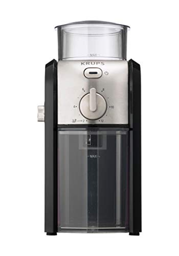 (-26%) Krups elektrische Kaffeemühle mit Mahlgrad- und Tassenzahlauswahl, Scheibenmahlwerk aus Edelstahl, 17 verschiedene Stufen, große Einfüllöffnung mit Sicherheitsdeckel, Espressomühle, Schwarz, GVX212