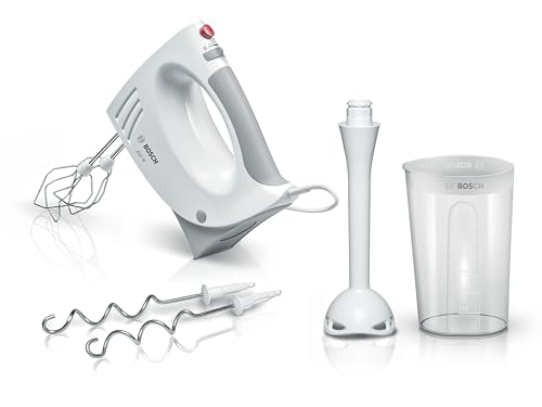 (-12%) Bosch Handrührer MFQ3540, Handrührgerät, 2 Rührbesen, 2 Edelstahl-Knethaken, spülmaschinengeeignet, 5 Stufen, Pürierstab, Mixbecher, 450 W, weiß