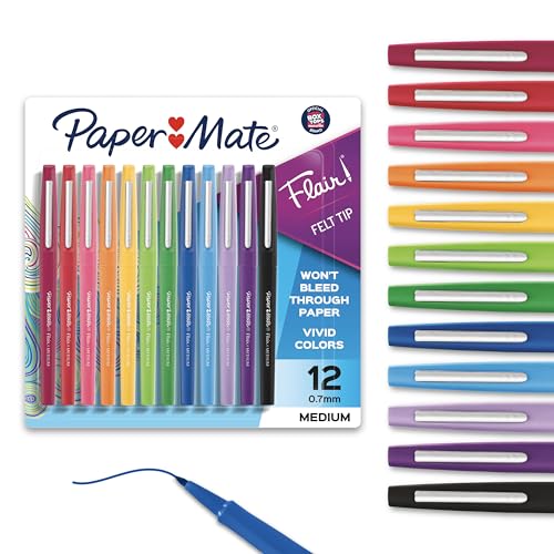 Paper Mate Flair Felt Tip Pens, Medium Point (0.7mm), Assorted Colors, 12 Count - For Arts & Crafts, Note-Taking, Journaling, School Supplies for Teachers & Students