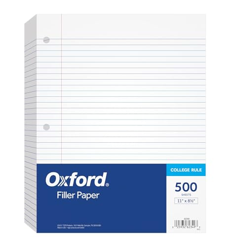 Oxford Loose Leaf Paper, 500 Sheets, College Rule Filler Notebook Paper, 8-1/2" x 11", 3-Hole Punched Fits 3-Ring Binders (62349)
