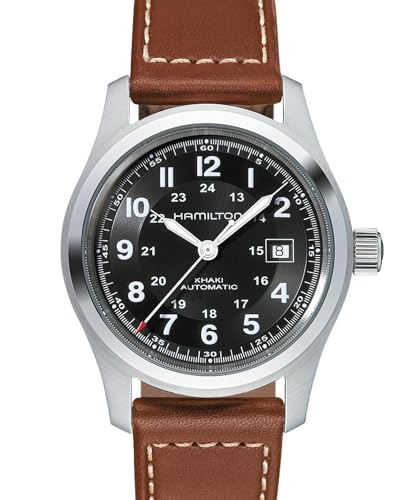 Hamilton Watch Khaki Field Auto | Swiss Made | 38mm Stainless Steel Case | Black Dial Analog Watch | Brown Leather Strap (Model: H70455533)