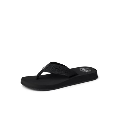 Reef Sandy Womens Beach Flip Flop, Soft Woven Strap Made From 100% Recycled PET, Black/Black, 9