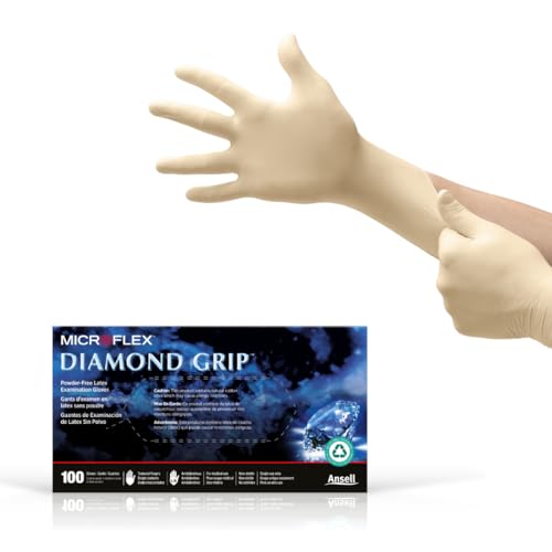 Ansell MICROFLEX Diamond Grip MF-300 Disposable Latex Gloves for Automotive, Healthcare, Machinery Industries - Small, Natural (Box of 100)