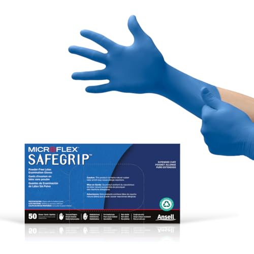 Ansell MICROFLEX SafeGrip SG-375 Extra Thick Disposable Latex Gloves for Life Sciences, Automotive w/Textured Fingertips - Large, Blue (Box of 50)