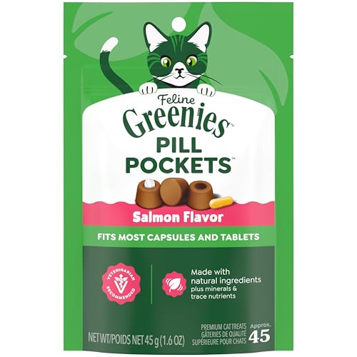 Greenies Feline Pill Pockets for Cats Natural Soft Cat Treats, Salmon Flavor, 1.6 oz. Pouch (45 Treats)