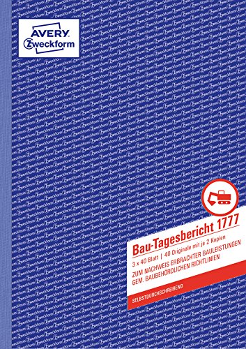 (-30%) Avery Zweckform 1777 Bau-Tagesbericht (A4, selbstdurchschreibend, gem. baubehördlichen Richtlinien, für Deutschland und Österreich zum Nachweis ausgeführter Arbeiten), 3 x 40 Blatt, weiß/gelb/rosa