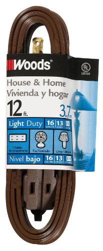 Woods Light Duty Extension Cord, 12Ft, 16 Gauge, SPT-2, 3 Outlet Cube Tap, Indoor Cord, Brown, 0602