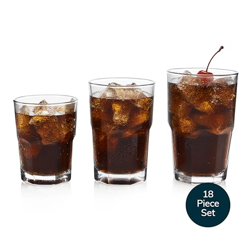 Libbey Boston Tumbler, Rocks, and Juice Glasses, 18 Piece Classic Stackable Glass Cups Set, Versatile, Kitchen Drinking 