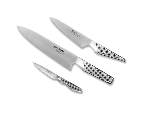 Global 3 Piece Starter Set - 8 inch Chef, 5 inch Utility, 3 1/2 inch Paring, Lightweight Japanese Stainless Steel, Razor Sharp Edge, Made in Japan