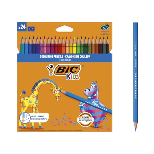 BIC Kids Ecriture Evolution ECOlutions Crayons de Couleur Eco-responsables - Couleurs Assorties, Etui Carton de 24