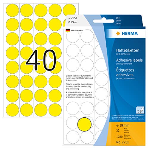 (-18%) HERMA 2251 Punktaufkleber Klebepunkte perforiert gelb, 1280 Stück, Ø 19 mm, 40 pro Bogen, selbstklebend, Markierungspunkte für Kalender Planer, matt, blanko Papier Farbpunkte Aufkleber