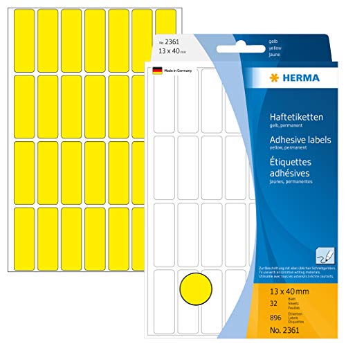 🔥 STARKER PREIS (-51%) HERMA 2361 Vielzweck-Etiketten, 896 Stück, 13 x 40 mm, 28 pro Bogen, selbstklebend, Haushaltsetiketten zum Beschriften, matt, blanko Papier Klebeetiketten Aufkleber, gelb