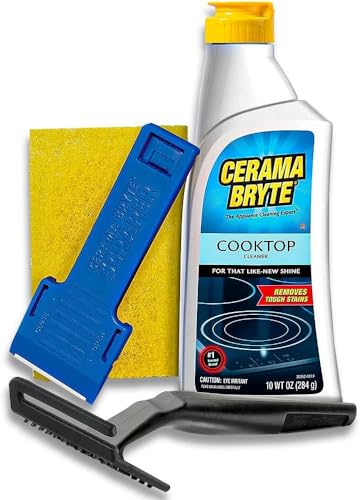 Cerama Bryte Glass Cooktop and Stove Top Cleaner Combo Kit - Includes Cleaning Tool, Razor, Scraper and 1 Pad to Remove Tough Stains - Use on Gas, Electric, Ceramic Surfaces, 10 Ounces, 4 Piece
