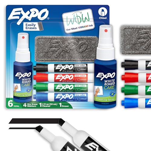 EXPO Low Odor Dry Erase Marker Set with White Board Eraser and Cleaner Chisel Tip Dry Erase Markers Assorted Colors 6 Piece Set with Whiteboard Cleaner