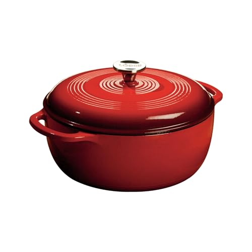 Lodge 6 Quart Enameled Cast Iron Dutch Oven with Lid – Dual Handles – Oven Safe up to 500° F or on Stovetop - Use to Marinate, Cook, Bake, Refrigerate and Serve – Island Spice Red