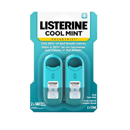 Listerine Cool Mint Pocketmist, Oral Care Mist for Fresh Breath, Non-Aerosol Sugar-Free Bad Breath Refresher Spray to Kill 99% of Bad Breath Germs, Portable, Cool Mint Flavor, 2 Sprays