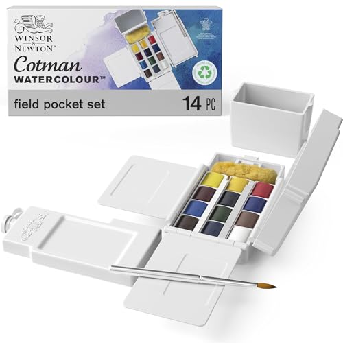 🔥 SELTEN SO GÜNSTIG (-47%) Winsor & Newton 0390639 Cotman Field Box Aquarellfarben Set, lebendige Wasserfarben mit hoher Lichtechtheit, große Farbauswahl, Alterungsbeständig - 12 Farben in 1/2 Näpfen, Mischpalette, Wassertank