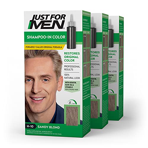 Just For Men Shampoo-In Color (Formerly Original Formula), Mens Hair Color with Keratin and Vitamin E for Stronger Hair - Sandy Blond, H-10, Pack of 3