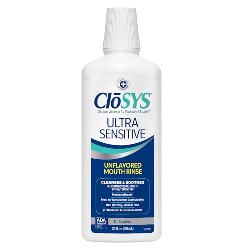 CloSYS Ultra Sensitive Mouthwash, Unflavored Alcohol Free, Dye Free, pH Balanced, Helps Soothe Entire Mouth – 32 Oz