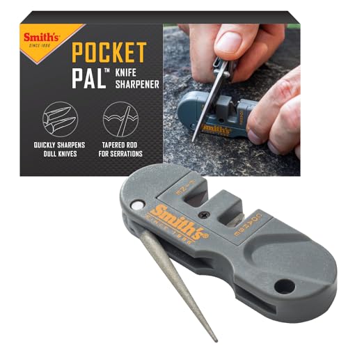 Smith's PP1 Pocket Pal Knife Sharpener Preset Carbide & Ceramic Stone Sharpeners Fold-Out Diamond Coated Rod Outdoor Hunting Knife & Hook Sharpener, Handheld, Compact, Lightweight, Multiuse