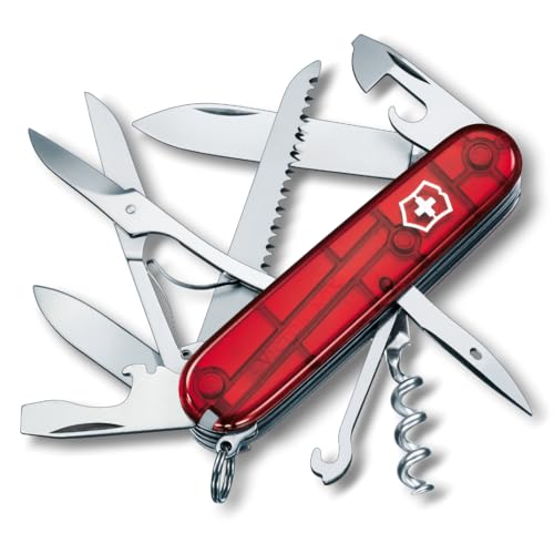 Victorinox Huntsman Swiss Army Knife, 15 Functions, Swiss Made Pocket Knife with Large Blade, Screwdriver, Scissors and Wood Saw - Red Transparent