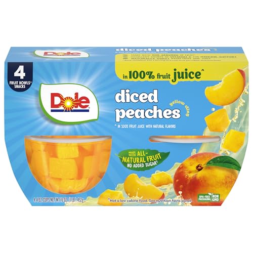 Dole Fruit Bowls Diced Peaches in 100% Juice Snacks, 4oz 4 Total Cups, Gluten & Dairy Free, Bulk Lunch Snacks for Kids & Adults