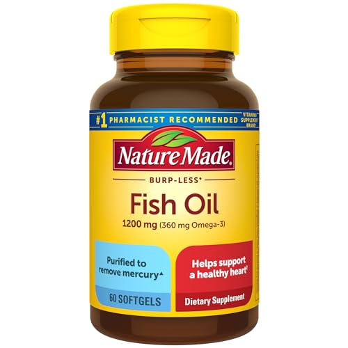 Nature Made Burp Less Fish Oil Omega 3 Supplements, 1200 mg Softgels, EPA DHA Omega 3 Fish Oil Supplements for Healthy H