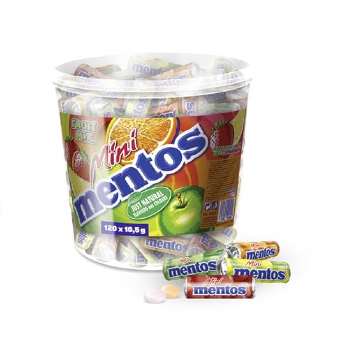 🔥 STARKER PREIS (-40%) Mentos Fruit Mix Bucket, Eimer mit 120 Mini-Rollen a 5 Frucht-Dragees, Kaubonbons in den Sorten Orange, Erdbeere, Apfel & Zitrone, vegan