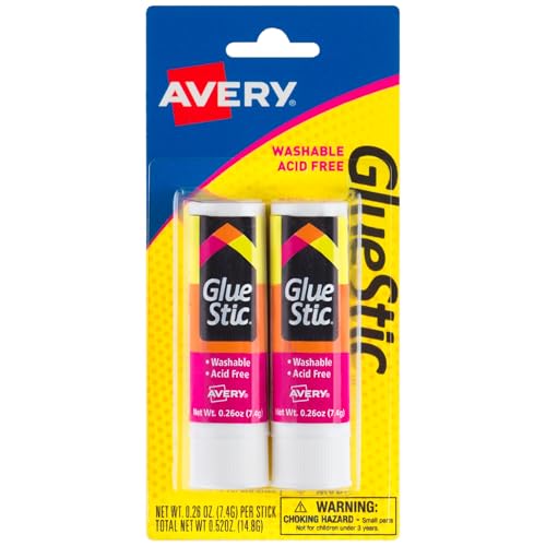 Avery Glue Stick White, Washable, Non-Toxic, 0.26 Oz. Permanent Glue Stic, 2pk (00171)
