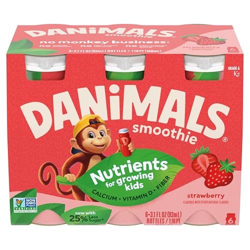 Danimals Smoothie Strawberry Dairy Drink Multi-Pack, Creamy and Delicious Low Fat Snacks for Kids, 6 Ct, 3.1 oz Smoothie Bottles​​