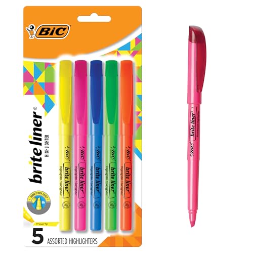 BIC Brite Liner Highlighters, Chisel Tip, 5-Count Pack of Highlighters Assorted Colors, Ideal Highlighter Set 
