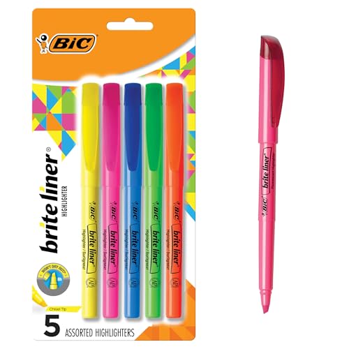 BIC Brite Liner Highlighters, Chisel Tip, 5-Count Pack of Highlighters Assorted Colors, Ideal Highlighter Set for Organizing and Coloring