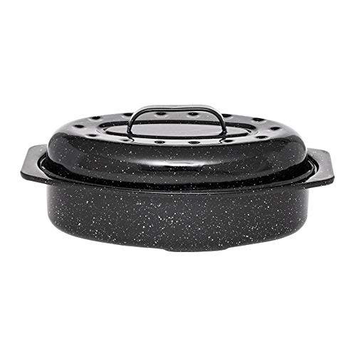 Granite Ware 13-inch oval roaster with Lid. Enameled steel design to accommodate up to 7 lb poultry/roast. Resists up to 932°F. Ideal for preparing meals for two!